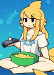  1girl apricot_(d-floe) bare_legs barefoot black_eyes blue_background bowl controller d-floe eyebrows_visible_through_hair fish_tail food highres original popcorn print_shirt remote_control shark_fin shark_girl shark_tail shirt short_sleeves solo tail white_shirt 
