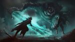  1boy alhin_row battle bloodborne blue_theme highres holding holding_sword holding_weapon hunter_(bloodborne) ludwig_the_accursed monster moonlight_greatsword running sword weapon 