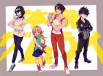  1girl 3boys :d animal aragaki_bigbird aragaki_jotaro aragaki_rei bird black_pants child facial_hair father_and_daughter headband hmsj_yr_my holding holding_animal holding_bird jacket leonardo_(taiso_samurai) minamino_tetsuo multiple_boys pants pose shirt shoes smile sportswear standing stubble taiso_samurai track_jacket white_shirt wristband 