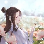  1girl back black_hair blurry blurry_background bug dragonfly dress hair_ornament jiu_jie_linglong lily_pad long_hair lotus_root lu_xueqi_(zhu_xian) pond weibo_id white_dress zhu_xian 