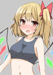  1girl armpit_crease bare_shoulders blonde_hair blush bow breasts commentary_request fang flandre_scarlet highres looking_at_viewer navel nono54558 one-hour_drawing_challenge open_mouth red_bow simple_background solo tank_top touhou wings 