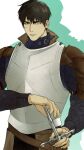  1boy armor belt black_hair breastplate daga021010 grey_eyes hand_on_hip highres knight looking_at_viewer male_focus original pants scar scar_on_cheek scar_on_face shoulder_pads solo sweater sword weapon 