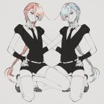  2others aquamarine_(houseki_no_kuni) bangs blue_hair blue_nails blush braid braided_ponytail character_request check_character colored_tips fingerless_gloves full_body gem_uniform_(houseki_no_kuni) gloves hair_between_eyes head_tilt holding_hands houseki_no_kuni long_hair looking_at_viewer morganite_(houseki_no_kuni) multicolored_hair multiple_others one_knee other_focus puffy_short_sleeves puffy_sleeves red_eyes red_nails shiorondo shoes short_sleeves shorts simple_background smile streaked_hair swept_bangs symmetrical_pose thigh-highs very_long_hair 