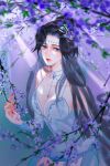  1girl absurdres bare_shoulders black_hair blue_eyes doupo_cangqiong dress emerald_(gemstone) flower hair_ornament highres light_rays long_hair purple_flower red_nails sad shade weibo_id white_dress yun_yun_(doupo_cangqiong) yun_yun_guan_bo 
