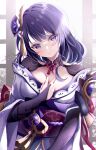  1girl absurdres armor bangs breasts bridal_gauntlets eyebrows_visible_through_hair genshin_impact hair_ornament head_tilt highres japanese_clothes kimono large_breasts long_hair looking_back mole mole_under_eye obijime off_shoulder purple_hair purple_kimono raiden_shogun sa-ya2 shoulder_armor shrug_(clothing) simple_background solo upper_body violet_eyes 