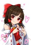  1girl absurdres ascot backlighting bangs bare_shoulders bloom blush bow brown_hair detached_sleeves eyebrows_visible_through_hair gavieeiee hair_bow hair_tubes hakurei_reimu head_tilt heart heart_hands highres looking_at_viewer navel red_bow red_eyes ribbon-trimmed_sleeves ribbon_trim simple_background smile solo touhou white_background wide_sleeves 