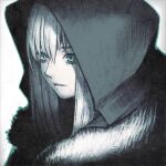  1girl bangs blue_eyes fate_(series) fur_trim gray_(fate) grey_hair hood hood_up long_hair lord_el-melloi_ii_case_files sakamoto_mineji simple_background solo white_background 