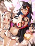  3girls :d absurdres animal_ears bangs bell bikini bikini_shorts bikini_skirt black_bow black_choker black_hair black_jacket blue_bikini blue_bow blue_eyes blue_skirt blush bow breasts choker coconut_tree frills hair_between_eyes hair_bow hair_ornament hairclip headpat hiding hiding_behind_another highres holding_hands hololive horns jacket jingle_bell large_breasts leaf_print lens_flare long_hair long_sleeves looking_at_another looking_at_viewer medium_breasts motherly multicolored_hair multiple_girls nakiri_ayame navel nidaime_(doronbo) oni oni_horns ookami_mio oozora_subaru open_clothes open_jacket palm_tree polka_dot print_bikini red_eyes redhead short_hair short_shorts shorts silver_hair skirt small_breasts smile streaked_hair striped striped_bikini sunlight swimsuit tree twintails white_bikini white_shorts wolf_ears wolf_girl yellow_bikini yellow_eyes younger 