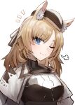  1girl =3 animal_ear_fluff animal_ears arknights armor black_bow black_headwear blonde_hair blue_eyes bow cape eyebrows_visible_through_hair hair_bow hat highres horse_ears kingdom_of_kazimierz_logo long_hair looking_at_viewer notice_lines one_eye_closed raw_egg_lent simple_background solo thick_eyebrows upper_body whislash_(arknights) white_background white_cape 