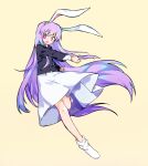  1girl :d animal_ears beige_background blazer commeowdore finger_gun full_body highres jacket long_hair long_sleeves looking_at_viewer necktie open_mouth outstretched_arm purple_hair rabbit_ears red_eyes reisen_udongein_inaba shirt simple_background skirt smile socks solo touhou very_long_hair white_legwear 