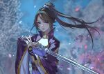  1girl absurdres black_hair blue_sky dress highres hua_jianghu_zhi_bei_mo_ting petals ponytail pose si_kongqi_(hua_jianghu_zhi_bei_mo_ting) sky smile sword tree weapon xia_ji_lucifer 