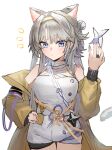  1girl animal_ear_fluff animal_ears arknights bare_shoulders blue_eyes blush breasts cat_ears cat_girl cat_tail closed_mouth coat cowboy_shot flower_knot hair_bun hairband hand_on_hip highres holding holding_weapon jewelry kazemaru_(arknights) leotard long_hair long_sleeves looking_at_viewer medium_breasts nail_polish notice_lines off_shoulder open_clothes open_coat purple_nails raw_egg_lent ribbon ring shuriken side_bun silver_hair simple_background solo tail very_long_hair weapon white_background white_hairband white_leotard yellow_coat yellow_ribbon 