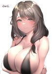  1girl 4w4 absurdres artist_name azur_lane black_bra bow bra breasts brown_hair charybdis_(azur_lane) grey_eyes hair_bow highres huge_breasts long_hair red_bow simple_background smile solo underwear upper_body white_background 