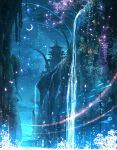  1girl absurdres bare_tree bubble cherry_blossoms commentary crescent_moon dress fish glowing halo highres lizard medium_hair moon mountain night original pagoda petals plant rinneko_(rinne_paint) scenery sky star_(sky) star_(symbol) starry_sky torii tree water waterfall wide_shot 