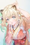  animal_ear_fluff animal_ears blonde_hair bow breasts commentary eyebrows_visible_through_hair green_eyes hair_ornament highres hololive hoshi_(xingspresent) japanese_clothes kazama_iroha kimono medium_breasts medium_hair new_year orange_kimono shadow surprised touching_ears upper_body virtual_youtuber waist_bow 