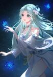  1girl absurdres bare_legs bare_shoulders blue_hair bug butterfly douluo_dalu dress glowing hair_ornament highres light long_hair mo_ai_lingbao night smile tang_wutong_(douluo_dalu) weibo_id white_dress 