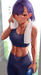  1girl absurdres blush bottle braid breasts collarbone commentary_request cowboy_shot dark-skinned_female dark_skin eyebrows_visible_through_hair highres holding holding_bottle looking_at_viewer navel original purple_hair red_eyes short_hair solo sports_bra sweat toin_(koto54576897) toned towel water_bottle 