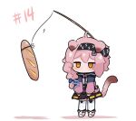  1girl animal_ears arknights bangs black_hairband black_skirt blue_bow blush bow braid bread brown_eyes carrot_on_stick cat_ears cat_girl cat_tail chibi colored_shadow commentary english_commentary food garter_straps goldenglow_(arknights) hair_bow hair_over_shoulder hairband high-waist_skirt hungry jacket jitome kurotofu lightning_bolt_print long_sleeves open_clothes open_jacket pink_footwear pink_hair pink_jacket puffy_long_sleeves puffy_sleeves ribbed_legwear shadow shirt shoes single_braid skirt sleeves_past_wrists solo stomach_growling tail thigh-highs white_background white_legwear white_shirt 
