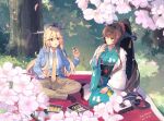  2girls :o alternate_costume artist_name blanket blazer blue_jacket blush breasts brown_eyes brown_hair cherry_blossoms dappled_sunlight dated food_request hair_between_eyes himeyamato iowa_(kancolle) jacket japanese_clothes kantai_collection kimono large_breasts long_hair multiple_girls multiple_views necktie no_shoes obi pants petals ponytail rigging sash seiza shirt sitting smile sunlight torn_clothes torn_pants tree very_long_hair white_shirt wide_sleeves yamato_(kancolle) yellow_necktie 