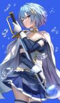  1girl blue_background blue_eyes blue_hair cape closed_mouth fortissimo fortissimo_hair_ornament gloves hair_ornament hairclip highres holding holding_sword holding_weapon looking_at_viewer magical_girl mahou_shoujo_madoka_magica miki_sayaka short_hair simple_background solo soul_gem superpig sword thigh-highs weapon white_cape white_gloves white_legwear 