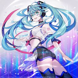  1girl :d ass black_choker black_shorts blue_eyes blue_hair choker commentary_request cowboy_shot crop_top cropped_shirt facial_mark floating_hair hatsune_miku headphones long_hair looking_at_viewer off-shoulder_shirt off_shoulder official_art open_mouth pokimari project_sekai see-through_shirt shirt short_shorts shorts smile solo twintails vocaloid watermark white_shirt 