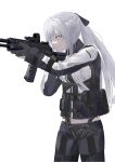  1girl ak-12 ak-12_(girls&#039;_frontline) ammunition_pouch assault_rifle bangs black_gloves black_pants braid breasts closed_mouth eyebrows_visible_through_hair feet_out_of_frame girls_frontline gloves gun hair_ribbon highres holding holding_gun holding_weapon kalashnikov_rifle long_hair looking_away pants partially_fingerless_gloves ponytail pouch ribbon rifle side_braid silver_hair solo standing tactical_clothes violet_eyes weapon wh1te white_background 