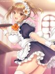  1girl :d apron bangs black_dress blurry blurry_background blush bow breasts brown_eyes brown_flower brown_hair commission cup depth_of_field dress drinking_glass eyebrows_visible_through_hair flower frilled_apron frilled_dress frills hagino_kouta hair_between_eyes hair_flower hair_ornament holding holding_tray leaning_forward looking_at_viewer looking_to_the_side maid maid_headdress medium_breasts orange_bow original ponytail puffy_short_sleeves puffy_sleeves short_sleeves skeb_commission smile solo thigh-highs tray twitter_username white_apron white_flower white_legwear window 