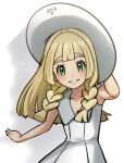  1girl bangs blonde_hair blunt_bangs blush braid collared_dress commentary_request dress echizen_(n_fns17) green_eyes grin hand_on_headwear hat highres lillie_(pokemon) long_hair looking_at_viewer pokemon pokemon_(game) pokemon_sm sleeveless sleeveless_dress smile solo sun_hat sundress teeth twin_braids upper_body white_dress white_headwear 