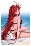  1girl absurdres annno_ans arm_support bangs bare_shoulders bikini bikini_skirt blue_eyes blush breasts commentary_request commission godsworn_alexiel granblue_fantasy hair_ornament highres lips long_hair looking_at_viewer medium_breasts redhead shiny shiny_hair shiny_skin shore simple_background sitting skeb_commission smile swimsuit thighs water water_drop wet 