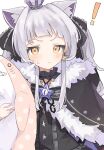  ! 1girl absurdres animal_ears bangs black_cloak black_ribbon black_shirt blush cat_ears cloak closed_mouth commentary_request earrings fur-trimmed_cloak fur_trim grey_hair hair_ribbon highres holding holding_stuffed_toy hololive jewelry long_hair looking_at_viewer murasaki_shion oisiimizu orange_eyes ribbon shirt sidelocks simple_background solo stuffed_animal stuffed_shark stuffed_toy sweat upper_body virtual_youtuber white_background 