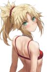  bangs blonde_hair blush bra braid breasts fate/apocrypha fate_(series) french_braid green_eyes highres long_hair mordred_(fate) mordred_(fate/apocrypha) parted_bangs ponytail red_bra red_scrunchie scrunchie sidelocks small_breasts tonee underwear 