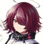  1girl arknights blush closed_mouth exusiai_(arknights) eyebrows_visible_through_hair hair_over_one_eye halo highres looking_at_viewer orange_eyes portrait purple_hair shiki44boku short_hair simple_background smile smug solo v-shaped_eyebrows white_background 