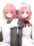  2girls absurdres apron bangs black_dress black_kimono blue_bow blue_eyes blush bow character_name closed_mouth commentary_request dress expressionless hair_bow half_updo highres hisui_(tsukihime) japanese_clothes juliet_sleeves kimono kohaku_(tsukihime) live_unyanya long_sleeves looking_at_viewer maid maid_headdress multiple_girls neck_ribbon pink_hair puffy_sleeves red_ribbon ribbon short_hair siblings simple_background sisters sitting smile tsukihime twins wa_maid white_apron white_background wide_sleeves yellow_eyes 