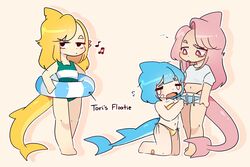  3girls apricot_(d-floe) bare_legs barefoot beamed_eighth_notes bikini black_hair blonde_hair blue_hair blue_shorts bright_pupils crop_top dolphin_girl eighth_note green_swimsuit highres innertube lemon_(sheepiu) lemyawn multiple_girls musical_note one-piece_swimsuit original outline pink_hair shark_girl shirt short_sleeves shorts swimsuit tori_(lemyawn) white_outline white_pupils white_shirt yellow_bikini 