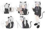  1girl absurdres animal_ear_fluff animal_ears black_choker black_footwear black_hoodie black_shirt black_skirt bow cat_ears cat_tail choker commentary_request eighth_note fang grey_hair highres hololive hood hood_down hoodie jewelry lanyard looking_at_viewer loose_socks multiple_views murasaki_shion musical_note necklace nyan oisiimizu open_mouth orange_eyes shirt simple_background skin_fang skirt sleeves_past_fingers sleeves_past_wrists stuffed_animal stuffed_toy tail tail_bow tail_ornament teddy_bear thigh_strap thought_bubble translation_request twintails virtual_youtuber white_background white_legwear 