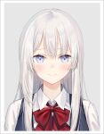  1girl bangs blue_eyes blue_vest blush border closed_mouth collared_shirt commentary emyo english_commentary eyebrows_visible_through_hair long_hair looking_at_viewer neck_ribbon original portrait red_ribbon ribbon school_uniform shirt silver_hair simple_background smile solo vest white_shirt 