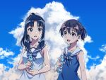  2girls alternate_hairstyle bangs black_eyes black_hair blue_bow blue_bowtie blue_dress blue_ribbon blue_sailor_collar blue_sky bottle bow bowtie brown_eyes brown_hair casual clouds cloudy_sky commentary day dress hair_ribbon hair_up hattori_shizuka highres holding holding_bottle kogarashi51 long_hair looking_at_another miyafuji_yoshika multiple_girls open_mouth outdoors ponytail ramune ribbon sailor_collar sailor_dress short_hair short_ponytail sky sleeveless sleeveless_dress smile standing strike_witches sweat white_dress white_sailor_collar world_witches_series 