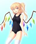  1girl bat_wings black_swimsuit blonde_hair commentary_request contrapposto cowboy_shot crystal flandre_scarlet isaki_(gomi) looking_at_viewer medium_hair no_hat no_headwear one-piece_swimsuit one_side_up pink_eyes pointy_ears school_swimsuit standing swimsuit thigh-highs touhou white_legwear wings 