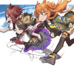  3girls absurdres animal_ears bomber_jacket breasts commentary_request dog_tags haruyuki_(gffewuoutgblubh) highres horse_ears horse_girl horse_tail jacket large_breasts long_hair looking_to_the_side marvelous_sunday_(umamusume) mayano_top_gun_(umamusume) multiple_girls running sakura_laurel_(umamusume) short_hair shorts sky small_breasts sweat tail thigh-highs twintails umamusume 