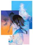  1girl absurdres blue_sailor_collar blue_sky brown_hair closed_eyes closed_mouth clouds contrail crying eyebrows_visible_through_hair from_side highres long_hair long_sleeves neck_ribbon original red_ribbon ribbon sailor_collar school_uniform serafuku shirt sidelocks sky solo tears upper_body warabimoti_yoz white_background white_shirt 