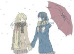  2girls aihara_mei aihara_yuzu black_hair blonde_hair citrus_(saburouta) coat multiple_girls non-web_source ribbon scarf skirt snow snowing umbrella yuri 