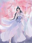  1girl absurdres bare_legs barefoot blurry blurry_background cherry_blossoms dress hair_bun hair_ornament highres lu_xueqi_(zhu_xian) sword weapon weibo_id white_dress yezi_zi_de_zi_ziye zhu_xian 