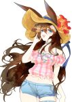  1girl :d amiya_(arknights) animal_ears arknights blue_choker blue_eyes blue_shorts blush breasts brown_hair brown_headwear choker commentary cowboy_shot denim denim_shorts ears_through_headwear flower hair_between_eyes hand_in_own_hair hat hat_flower indai_(3330425) long_hair looking_at_viewer medium_breasts midriff navel off-shoulder_shirt off_shoulder official_alternate_costume open_mouth pink_shirt plaid plaid_shirt rabbit_ears shirt short_shorts shorts side_slit simple_background skindentation smile solo standing sun_hat thighlet wavy_hair white_background 