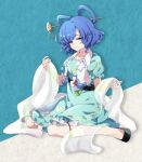  1girl artist_request blue_dress blue_eyes blue_hair dress flower hagoromo hair_ornament hair_rings hair_stick half-closed_eyes kaku_seiga looking_at_viewer no_socks open_clothes open_vest puffy_short_sleeves puffy_sleeves second-party_source shawl short_hair short_sleeves smile solo touhou vest white_vest 