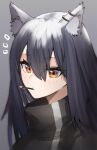  1girl ^^^ animal_ear_fluff animal_ears arknights bangs black_hair blush eyebrows_visible_through_hair food food_in_mouth grey_background hair_between_eyes high_collar highres long_hair mouth_hold notice_lines orange_eyes pocky raw_egg_lent simple_background solo texas_(arknights) upper_body wolf_ears 
