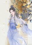  1girl black_hair blue_dress dress flower hair_ornament highres jiu_jie_linglong long_hair looking_at_viewer lu_xueqi_(zhu_xian) weibo_id yellow_flower zhu_xian 
