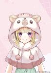 1girl animal_hood bear_hood blonde_hair capelet closed_mouth dress green_dress heart heart-shaped_pupils hololive hood hood_up hooded_capelet kagawa_ichigo looking_at_viewer multicolored_hair official_art omaru_polka smile solo streaked_hair symbol-shaped_pupils upper_body violet_eyes watermark white_capelet 