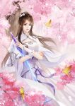  1girl absurdres bird brown_hair cherry_blossoms dress hair_ornament highres jiang_qing_yue_huai leaning long_hair smile sword tree weapon weibo_id white_dress 
