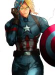  all_might belt blonde_hair blue_bodysuit bodysuit boku_no_hero_academia brown_belt brown_gloves captain_america captain_america_(cosplay) cosplay gloves green_eyes highres holding holding_mask holding_shield male_focus mask removing_mask shield simple_background solo star_(symbol) sweatdrop tian_(den_z_z) 