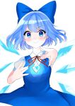  1girl \||/ absurdres blue_dress blue_eyes blue_hair blush bow cirno dress eyebrows_visible_through_hair hair_bow highres ice looking_at_viewer mikadotti puffy_short_sleeves puffy_sleeves red_ribbon ribbon short_hair short_sleeves smile solo touhou white_background wings 